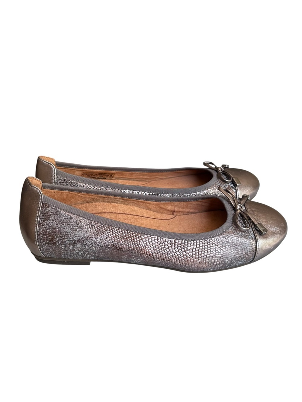 Vionic Minna Ballet Flats with Bow in Metallic Pewter Snake Embossed Leather